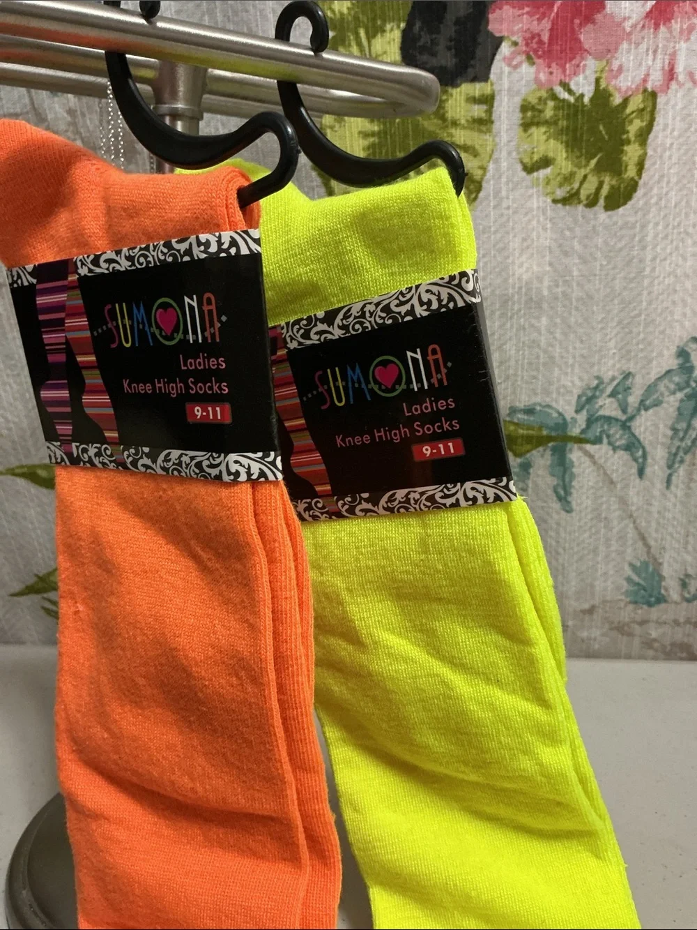 Sumona Knee high socks neon colors yellow &  orange  size 9/11 stretchy NWT